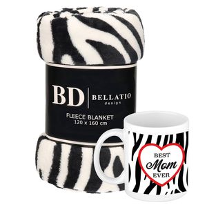 Cadeau moeder set - Fleece plaid/deken zebra print met Best mom ever zebraprint mok - Plaids