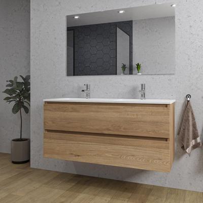 Adema Chaci Badkamermeubelset - 120x46x57cm - 2 keramische wasbakken wit - 2 kraangaten - 2 lades - rechthoekige spiegel - eiken SW1212781/SW804533/SW724613