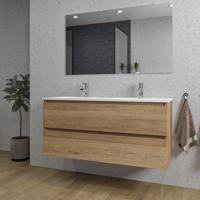 Adema Chaci Badkamermeubelset - 120x46x57cm - 2 keramische wasbakken wit - 2 kraangaten - 2 lades - rechthoekige spiegel - eiken SW1212781/SW804533/SW724613