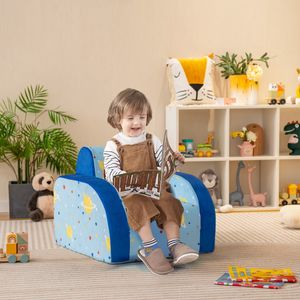 Uitklapbare Slaapbank voor Kinderen Slaapbank Schuimgevulde Zitting Velours Stof Slaapbank met Afneembare Hoes Blauw