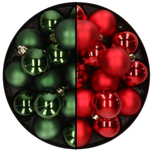 32x stuks kunststof kerstballen mix van donkergroen en rood 4 cm