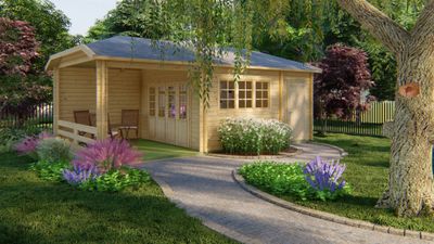 Blokhut Viveka 320x420 cm + luifel 280 cm + aanbouw 150 cm - Red class wood geïmpregneerd- Wolfskap- Geïmpregneerd vurenhout- Tuindeco