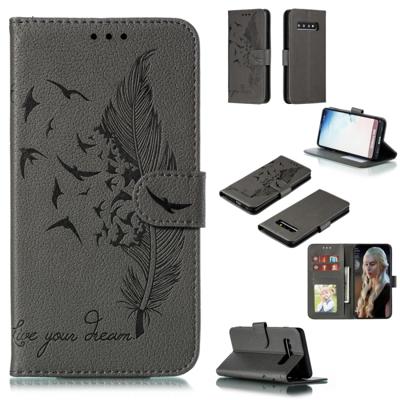 Feather patroon Litchi textuur horizontale Flip lederen draagtas met portemonnee & houder & kaartsleuven voor Galaxy S10 (grijs)