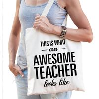 Awesome teacher / geweldige docent cadeau tas wit voor dames en heren - Feest Boodschappentassen