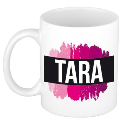 Tara naam cadeau koffie mok - beker - met roze verfstrepen - Cadeau collega - moederdag