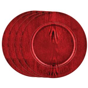 Diner/kerstdiner onderborden - 4x st - hout look - rood - kunststof - D33 x H2 cm- rond