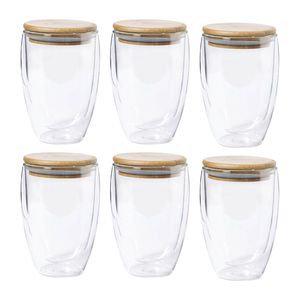 Thermische koffieglazen/theeglazen dubbelwandig - 6x - met bamboe deksel - 350 ml