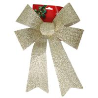 Grote decoratie strik - 42 cm - goud - glitter - kunststof - kerststrik - thumbnail