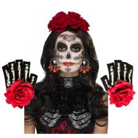 Day of the Dead verkleed accessoire set - diadeem/handschoenen/oorbellen/schmink - Halloween - thumbnail