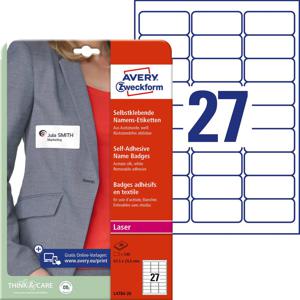 Avery-Zweckform L4784-20 Naametiketten 63.5 x 29.6 mm Acetaatzijde Wit 540 stuk(s) Weer verwijderbaar Laser (kleur), Laser (zwart/wit), Handschriften