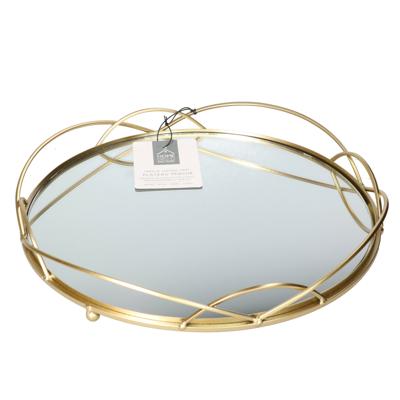 Home Deco Factory dienblad van spiegel glas - Rond - 34 x 4 cm - goud metaal - opstaande rand