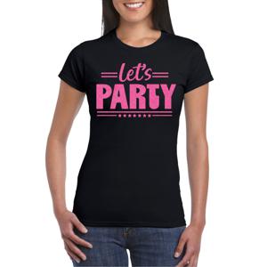 Verkleed T-shirt voor dames - lets party - zwart - glitter roze - carnaval/themafeest