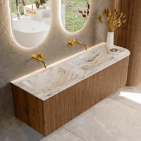 Mondiaz KURVE-DLUX 145 cm Onderkast Greeploos 1 Lade Met Deuren Walnut, Wastafel Solid Surface Links Glace 0 Kraangaten Zonder Spiegel (KRVLEA145R1L1D0KD-Wal/Gla)
