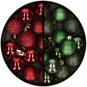 34x stuks kunststof kerstballen donkerrood en donkergroen 3 cm