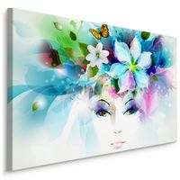 Schilderij - Gezicht van een Vrouw met Bloemen, Print op Canvas, Premium Print - thumbnail