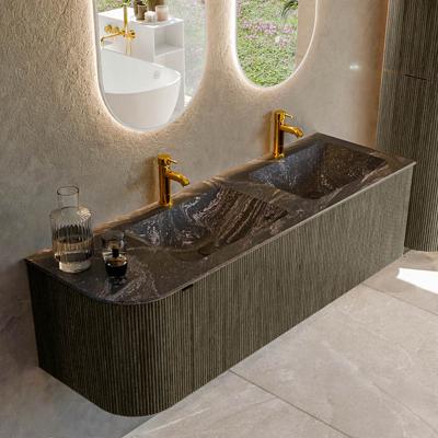 Badmeubel Mondiaz Kurve-Dlux | 145 cm cm | Meubelkleur Shadow | Wastafelkleur Lava | Solid surface | Dubbel / Rechts spoelbak | 2 kraangaten