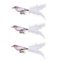 Inge Glas kerst decoratie vogels - 3x stuks - op clip - van glas - roze - 20 cm - kerstversiering