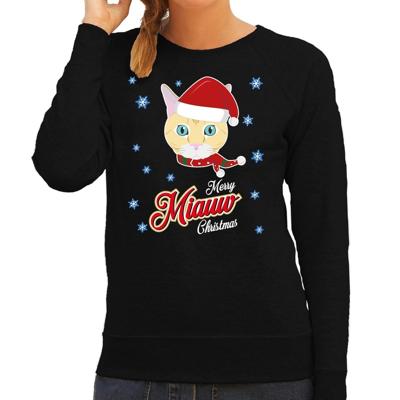 Foute Kersttrui - sweater - Merry Miauw Christmas - kat / poes - zwart - voor dames - kerstkleding