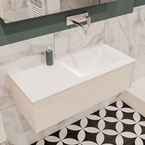 Mondiaz Lush Cloud badmeubel underlayment 100 cm 1 lade solid surface enkele spoelbak rechts zonder kraangat