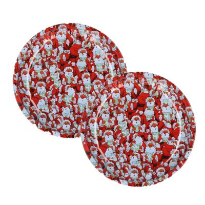 HI bord met kerstmannen - 2x - rood/wit - metaal - 26 cm - kerstontbijt - kerstdiner - kerstartikele