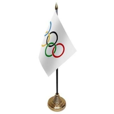 Vlag Olympische Spelen tafelvlaggetje - 10 x 15 cm - met gouden standaard - Hoogte 27 cm