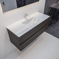 Mondiaz Vica Denia badmeubel eiken donker bruin 120 cm 2 lades keramiek enkele spoelbak midden 1 kraangat