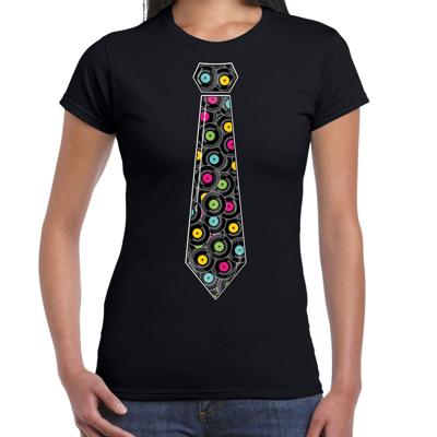 Verkleed T-shirt dames - zwart - lang speelplaten stropdas - foute party/themafeest