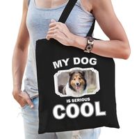 Sheltie honden tasje zwart volwassenen en kinderen - my dog serious is cool kado boodschappentasje - thumbnail