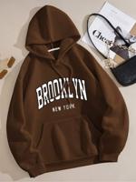 Bon&Bon Letter Graphic Thermal Hoodie | Black Long Sleeve Pullover Coffee Brown / M