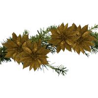 Kerstboomversiering Bloemen - 4x stuks - 9 cm - goud glitter - op clip