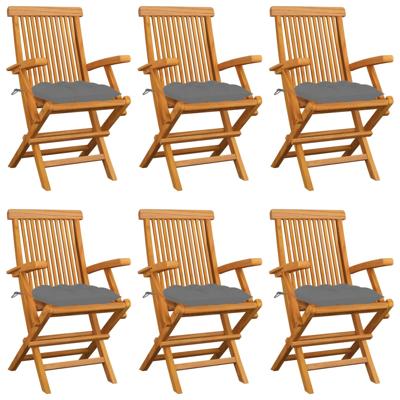 Tuinstoelen 6 st met grijze kussens massief teakhout