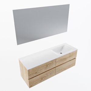 MONDIAZ VICA 140cm badmeubel onderkast Washed Oak 4 lades. Wastafel CLOUD rechts zonder kraangat, kleur Talc met spiegel LED.