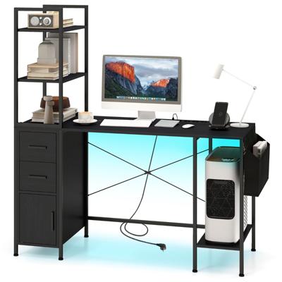 Bureau met Ledverlichting en Stopcontacten Open Planken 2 Lades CPU-Houder Stoffen Opbergvak Schrijftafel voor Thuiskantoor Zwart