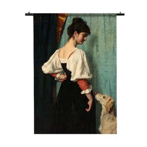 Wandkleed Portret van een jonge vrouw met de hond Puck 120x180 Zwart Garen
