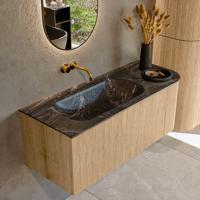 Mondiaz KURVE-DLUX 115 cm Onderkast Greeploos 1 Lade Met Deuren Oak, Wastafel Solid Surface Links Lava 0 Kraangaten Zonder Spiegel (KRVBGS115R1L1D0KL-Oak/Lav)
