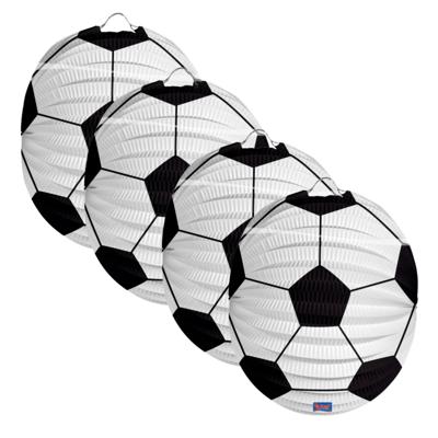 Voetbal thema lampion - 4x - rond - 22 cm - wit/zwart - versiering - sport - papier