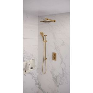 Regendoucheset Inbouw Brauer Gold Edition Thermostatisch 30 cm met 3-Weg Omstelling, Wandarm, Glijstang en 3-Standen Handdouche Geborsteld Goud Brauer