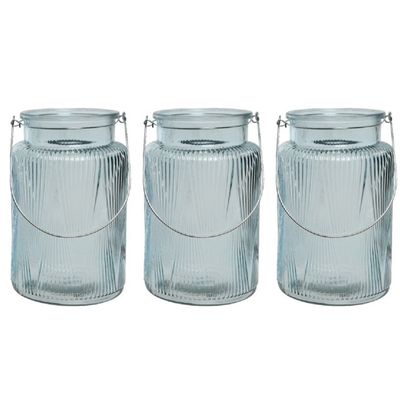 3x stuks windlicht/kaarshouder van glas ijsblauw 22 cm