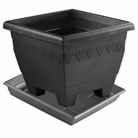 Plantenbak/bloembak met onderschaal/water opvang bord - formaat 30 x 30 x 23.5 cm - antraciet grijs