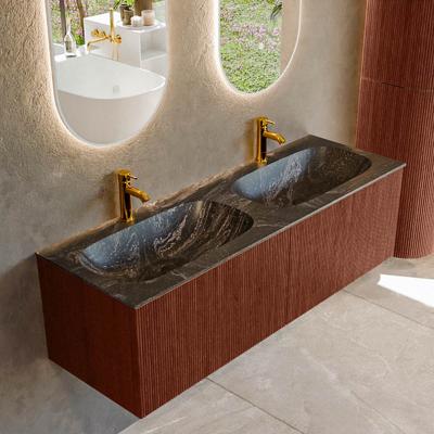 Badmeubel Mondiaz Kurve-Dlux | 140 cm cm | Meubelkleur Ruby | Wastafelkleur Lava | Solid surface | Wasbak beiden zijden spoelbak | 2 kraangaten