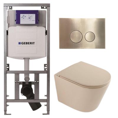 QeramiQ Dely Toiletset - 36.3x51.7cm - diepspoel - rimless - Geberit UP320 inbouwreservoir - softclose toilet zitting - geborsteld messing bedieningsplaat - ronde knoppen - mat beige SW1000764/SW1000770/0701131/SW706200