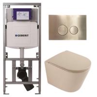 QeramiQ Dely Toiletset - 36.3x51.7cm - diepspoel - rimless - Geberit UP320 inbouwreservoir - softclose toilet zitting - geborsteld messing bedieningsplaat - ronde knoppen - mat beige SW1000764/SW1000770/0701131/SW706200