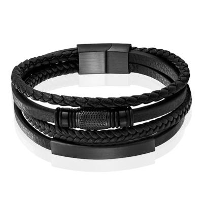 Mendes Jewelry Heren Armband van Roestvrijstaal en Echt Leder - Duurzaam Zwart met Schuifelementen-23cm