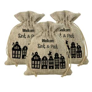 Mini Sinterklaas jute cadeauzak Welkom Sint en Piet - Pakket van 12x stuks - Strooizak met koord - 1