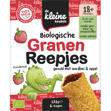 De Kleine Keuken Biologische Granen Reepjes Gevuld met Aardbei & Appel 18+ Maanden 6 Stuks 132 g bij Jumbo