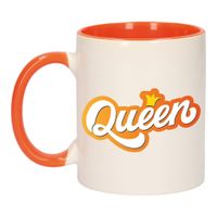 Mok/ beker wit en oranje Koningsdag Queen met kroontje 300 ml   - - thumbnail