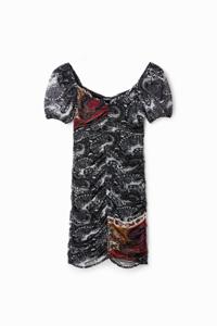 Korte aangerimpelde jurk met paisley - BLACK - XS