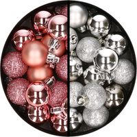 34x stuks kunststof kerstballen roze en zilver 3 cm - thumbnail