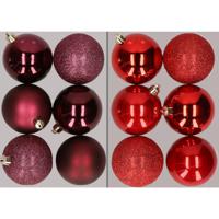 12x stuks kunststof kerstballen mix van aubergine en rood 8 cm - Kerstbal - thumbnail