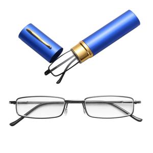 Leesbrillen metalen voorjaar voet draagbare Presbyopische bril met buis geval + 2.00 D (blauw)